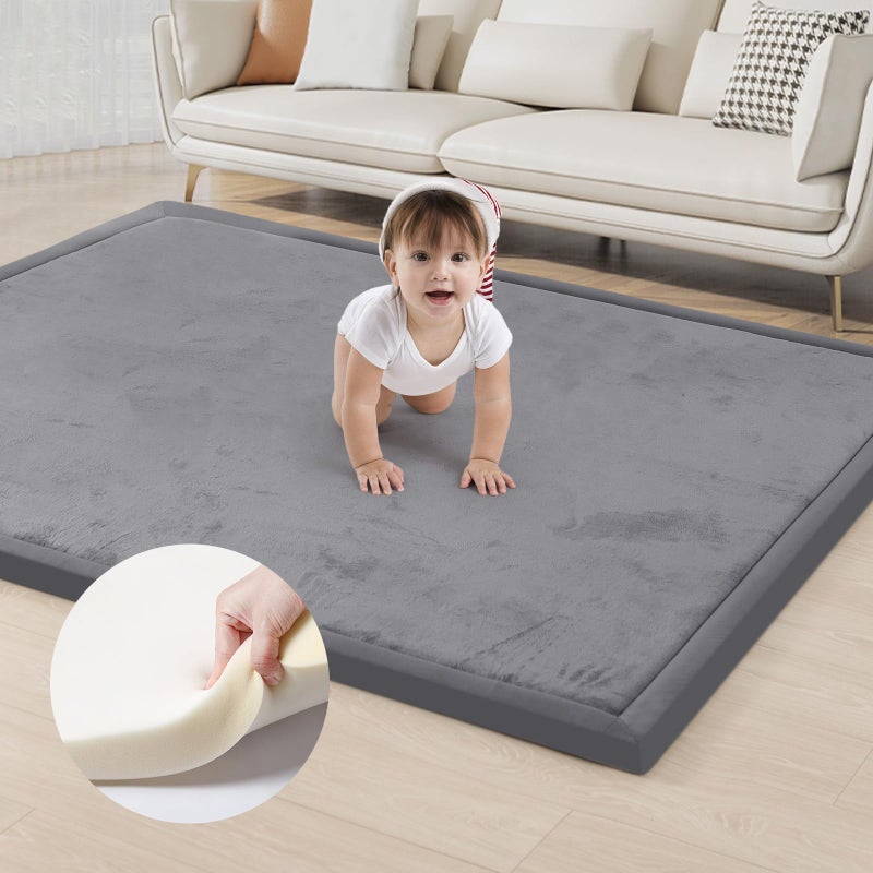 ACOMOPACK Baby Play Mat for Floor 1.3" Thick Memory Foam Play Mat 59"Ã—71" Tummy Time Crawling with Non-Slip Bottom for Living Room,Nursery,Soft Velvet Playpen Mats for Kids,Infantsï¼ˆDark Greyï¼‰ - Image 1