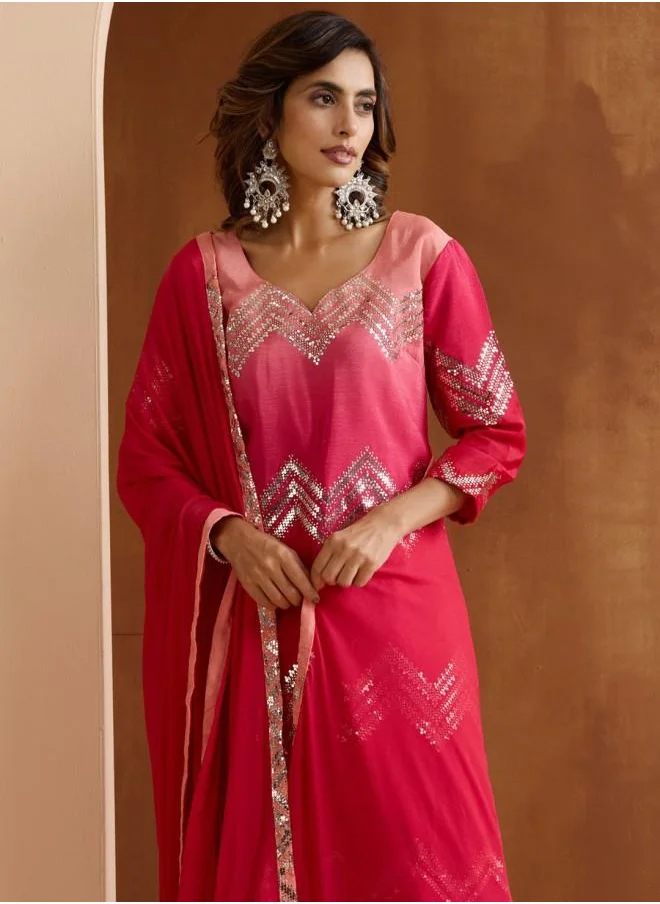 آي شين Poly silk Women Pink Poly silk Kurta Set with Embroidered pattern Tunic and Palazzo features a Round neckline and Three-Fourth Sleeve secured with Elastic closure and styled in Straight Fit ideal for Festive moments — a must-have for your statement wardrobe.