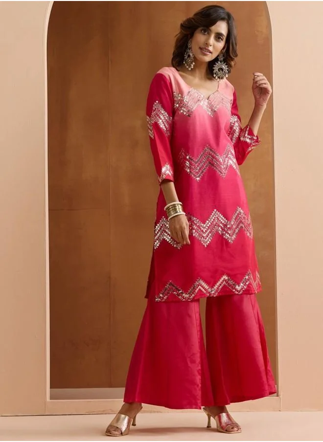 ISHIN Poly silk Women Pink Poly silk Kurta Set with Embroidered pattern Tunic and Palazzo features a Round neckline and Three-Fourth Sleeve secured with Elastic closure and styled in Straight Fit ideal for Festive moments — a must-have for your statement wardrobe.