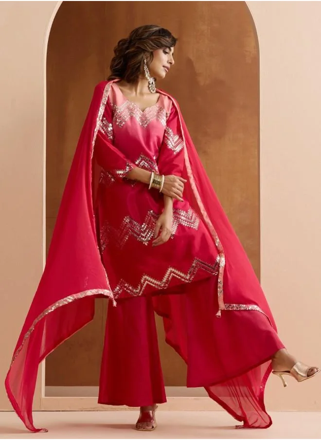 ISHIN Poly silk Women Pink Poly silk Kurta Set with Embroidered pattern Tunic and Palazzo features a Round neckline and Three-Fourth Sleeve secured with Elastic closure and styled in Straight Fit ideal for Festive moments — a must-have for your statement wardrobe.