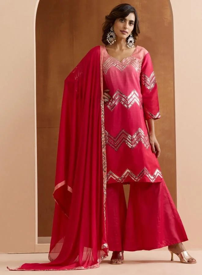 ISHIN Women's Pink Polyester Blend Embroidered Tunic Full Length Palazzo Straight Fit Kurta Set