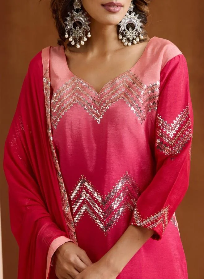 ISHIN Women's Pink Polyester Blend Embroidered Tunic Full Length Palazzo Straight Fit Kurta Set