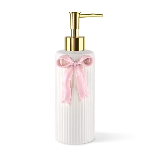 NEWHENGS Handmade Ceramic Bow Soap Pump Dispenser Hand Lotion Liquid Dispenser Refillable for Kitchen and Bathroom Decorative Ribbon Pink