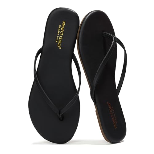 Project Cloud Flip Flops for Women - Memory Foam Flats Summer Sandals for Women 2025 - Vegan Leather Lightweight Womens Sandals Summer Beach Essentials Slides (Foundations, Black, 7.5) - Image 1