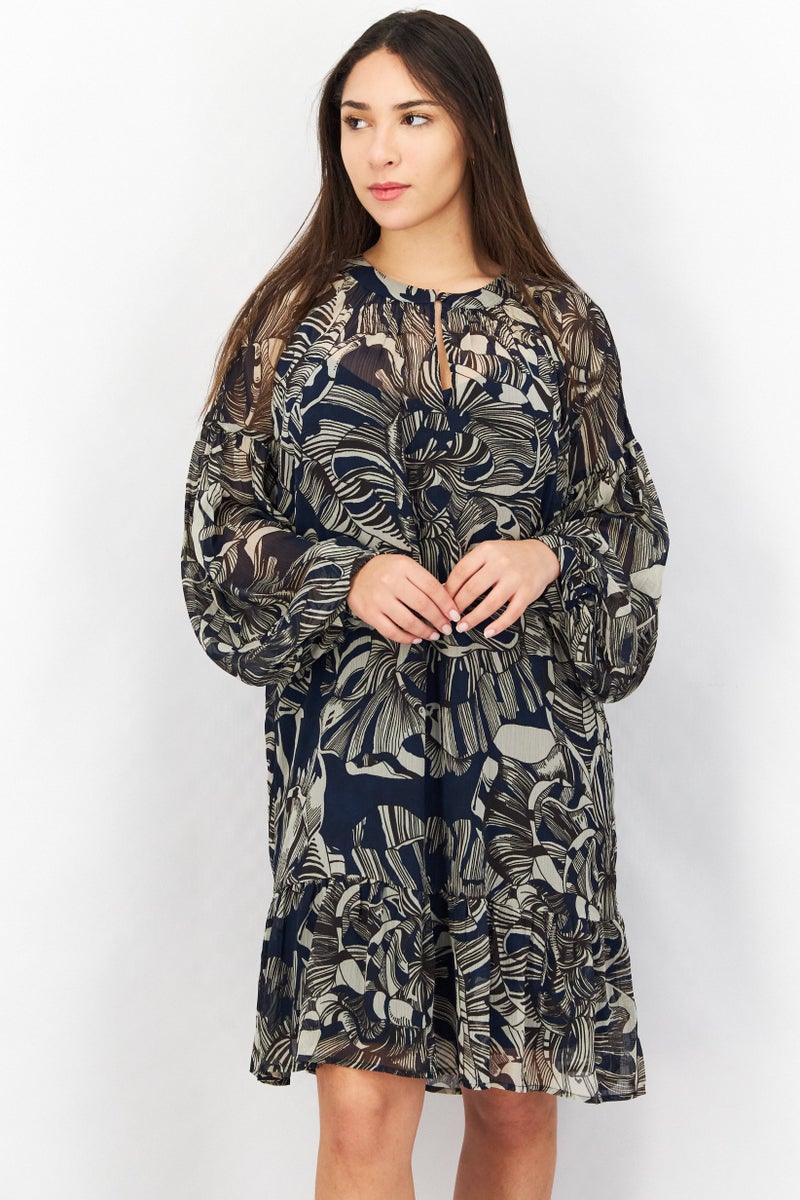 ESPRIT Women Floral Pattern Long Sleeve Midi Dress, Multicolor - Image 1