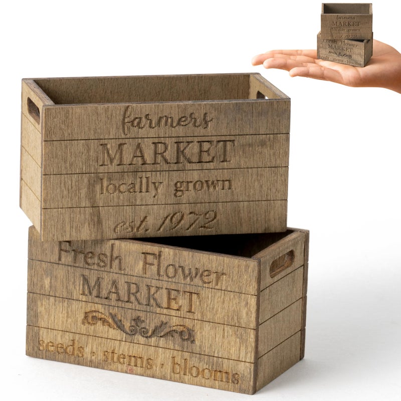 CPicdn Miniature Vintage Rustic Farmhouse Crate - Retro Mini Farmhouse Tiered Tray Decor Wooden Milk Crate Fruit Flower Basket Decorative Box Miniature Garden Farm Accessories Home Decoration - Image 1