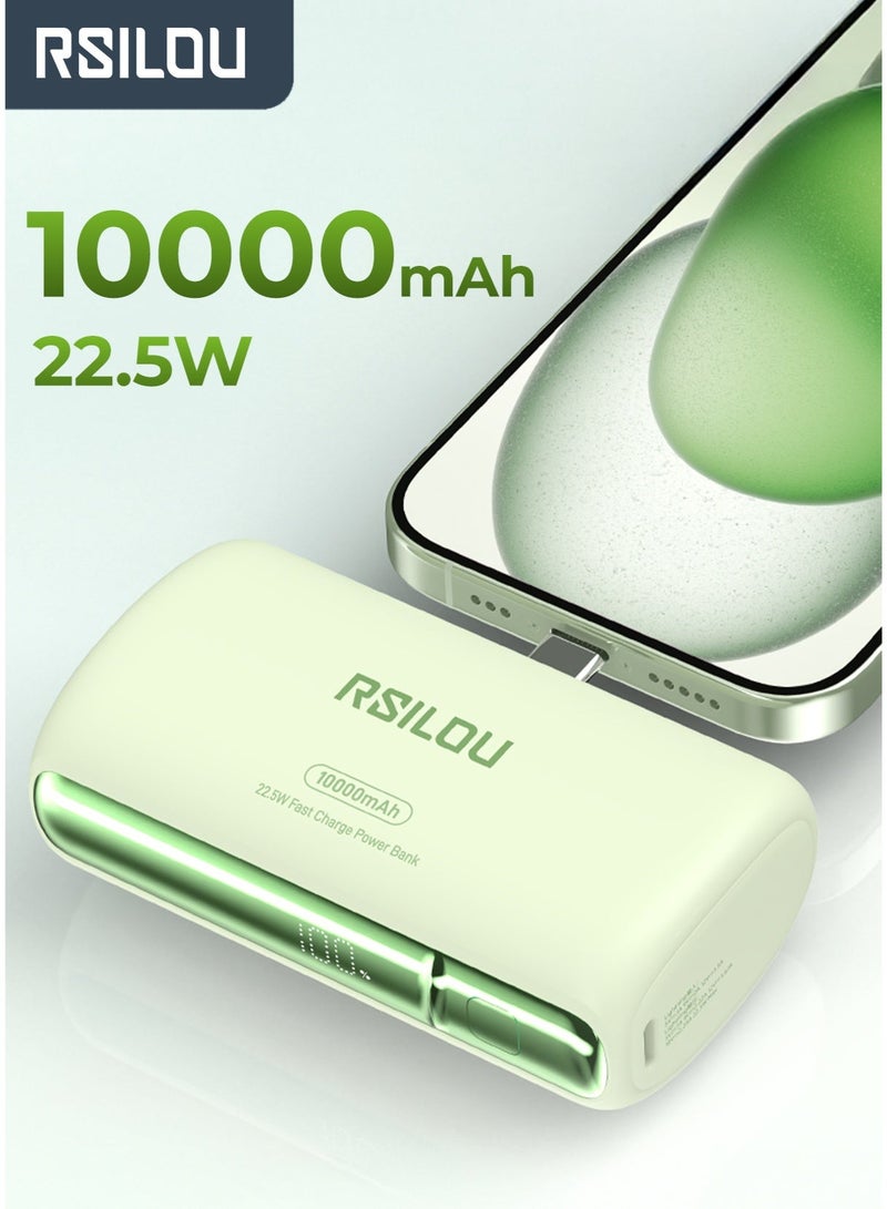 RSILOU R1028 - Mini Capsule Power Bank 10000mAh with Built-in Cable, Magnetic Stand, Fast Charging, and Digital Display – Compatible with iPhone, Samsung, Huawei, Xiaomi – Green - Image 1