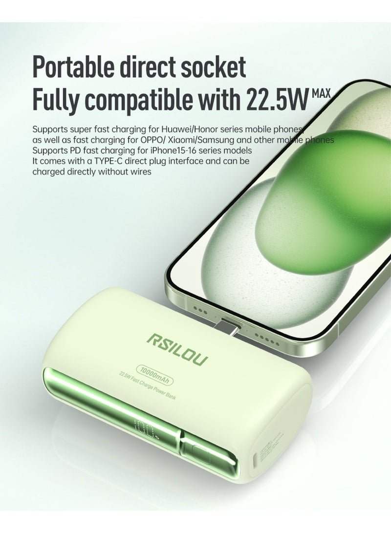 RSILOU R1028 - Mini Capsule Power Bank 10000mAh with Built-in Cable, Magnetic Stand, Fast Charging, and Digital Display – Compatible with iPhone, Samsung, Huawei, Xiaomi – Green - Image 3