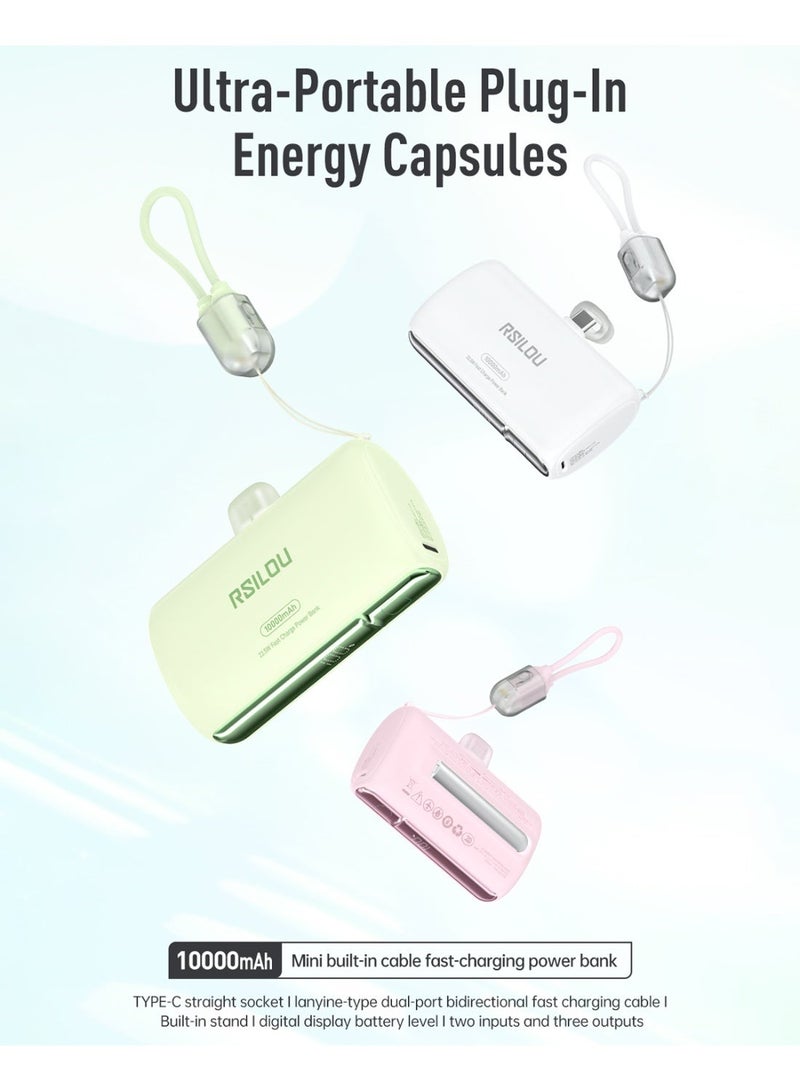 RSILOU R1028 - Mini Capsule Power Bank 10000mAh with Built-in Cable, Magnetic Stand, Fast Charging, and Digital Display – Compatible with iPhone, Samsung, Huawei, Xiaomi – Green - Image 2