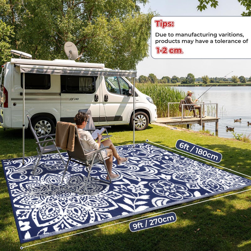 Findosom Waterproof Outdoor Rug 6' x 9' - Reversible Mandala Outdoor Plastic Straw Rug, Durable Foldable Patio Rug for RV, Deck, Balcony, Backyard, Picnic, Porch, Camping, Beach, Navy - Image 2