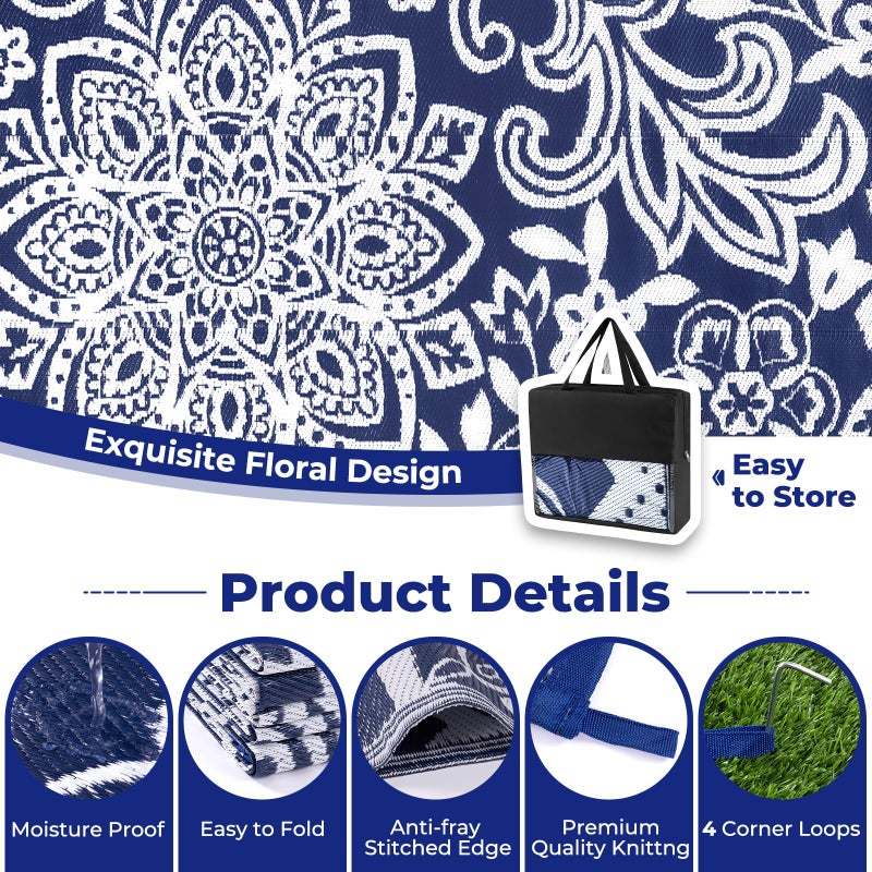Findosom Waterproof Outdoor Rug 6' x 9' - Reversible Mandala Outdoor Plastic Straw Rug, Durable Foldable Patio Rug for RV, Deck, Balcony, Backyard, Picnic, Porch, Camping, Beach, Navy - Image 5