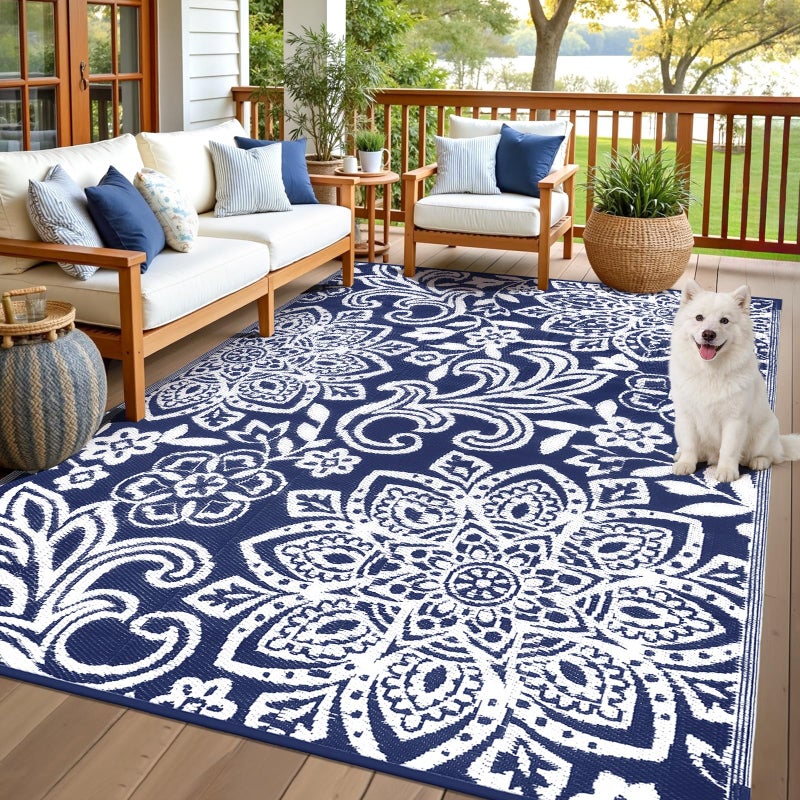 Findosom Waterproof Outdoor Rug 6' x 9' - Reversible Mandala Outdoor Plastic Straw Rug, Durable Foldable Patio Rug for RV, Deck, Balcony, Backyard, Picnic, Porch, Camping, Beach, Navy - Image 1