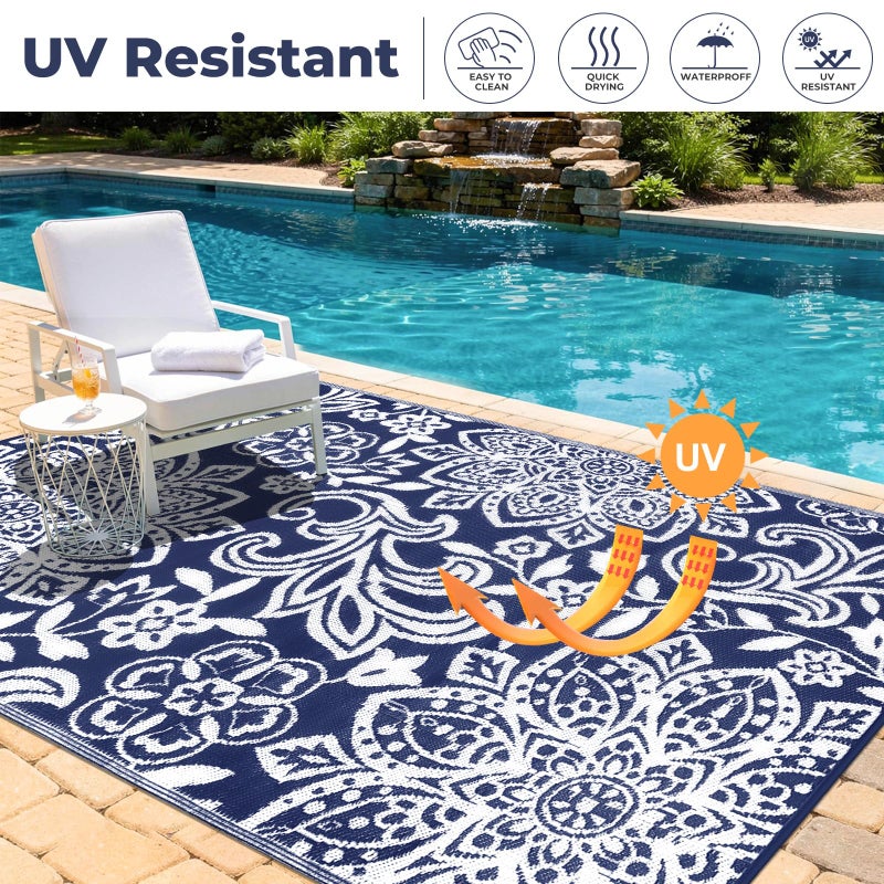 Findosom Waterproof Outdoor Rug 6' x 9' - Reversible Mandala Outdoor Plastic Straw Rug, Durable Foldable Patio Rug for RV, Deck, Balcony, Backyard, Picnic, Porch, Camping, Beach, Navy - Image 3