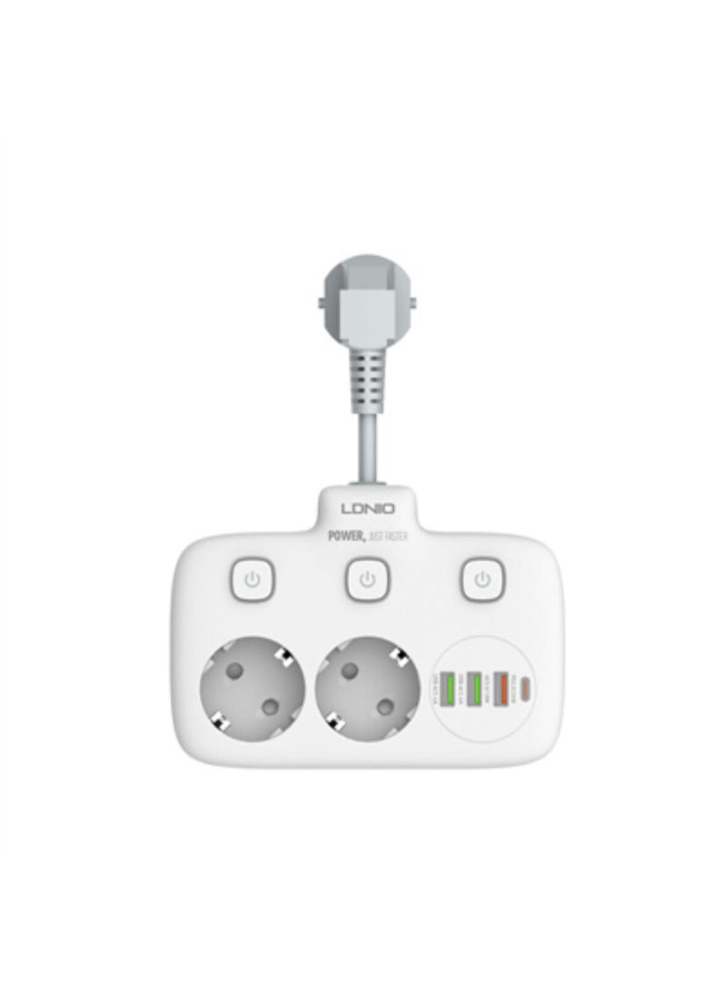 Ldnio SE2435 Power Socket EU High-Performance Power Strip for European Households 2 SOCKETS, 3 USB-A, 1 USB-C, 2500 White - Image 1
