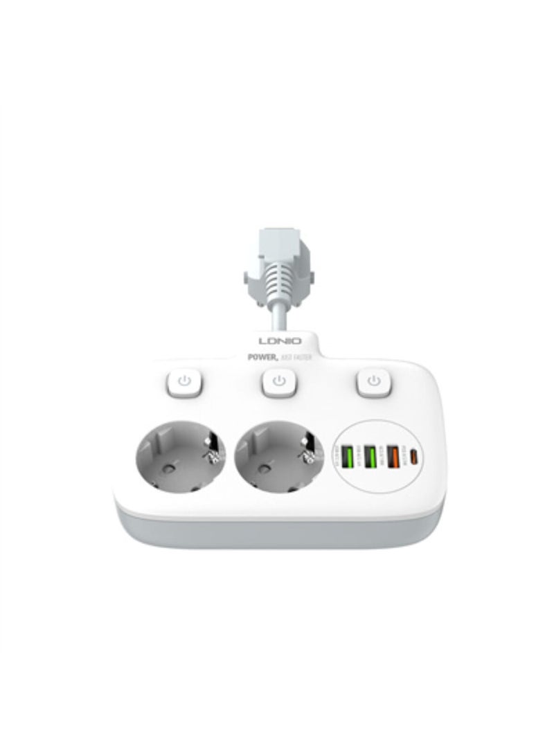 Ldnio SE2435 Power Socket EU High-Performance Power Strip for European Households 2 SOCKETS, 3 USB-A, 1 USB-C, 2500 White - Image 2