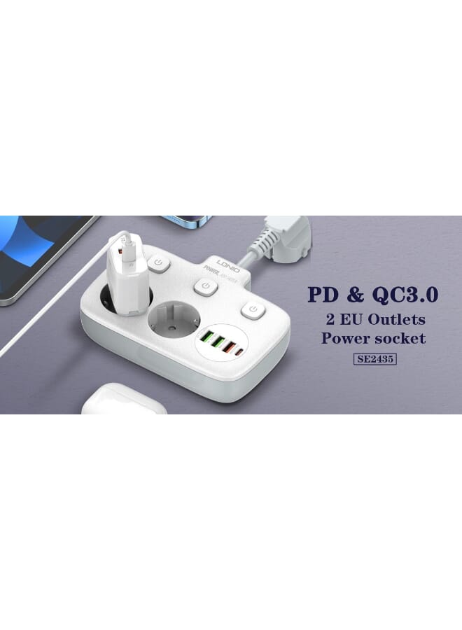 Ldnio SE2435 Power Socket EU High-Performance Power Strip for European Households 2 SOCKETS, 3 USB-A, 1 USB-C, 2500 White - Image 4