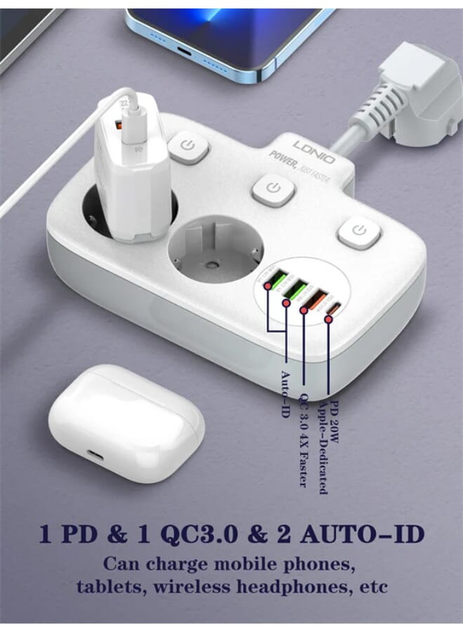 Ldnio SE2435 Power Socket EU High-Performance Power Strip for European Households 2 SOCKETS, 3 USB-A, 1 USB-C, 2500 White - Image 5