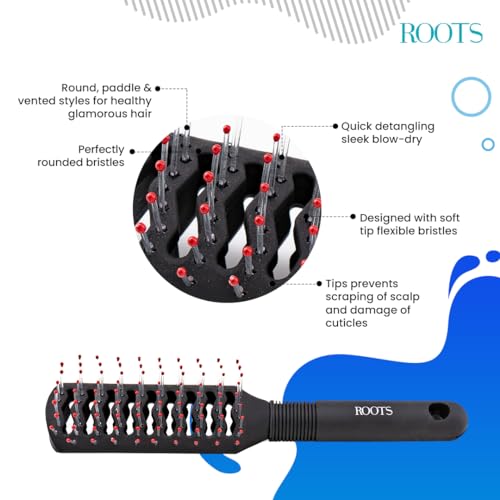 ROOTS Truglam Vented Hair Brush | Soft Tip Flexible Bristles | Prevent Scalp Scraping & Cuticle Damage | Quick Detangling | For All Hair Types | For Men & Women | Length - 9.05 Inch, Model No - 9542B2 - Image 4