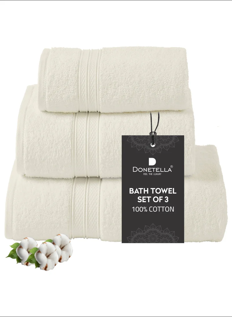 Donetella Premium Towel 3-Pcs Set, 100% Combed Cotton 600 GSM, Highly Absorbent, Quick Dry Towel Set Include 1 Bath Towel, 1 Bath Sheet, 1 Hand Towel, Best Set for Bathroom Gym, Hotel And Spa,Ivory