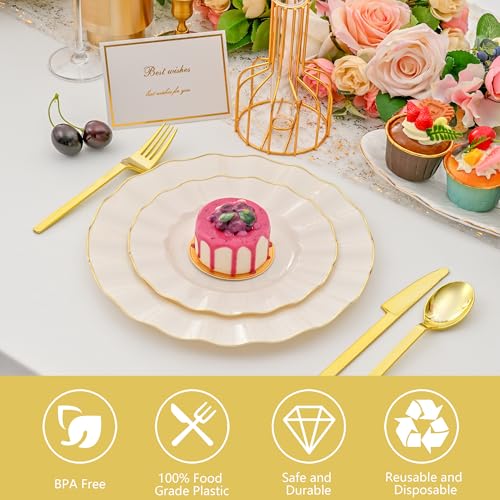ISFANGCO 102Pcs Ivory White Plastic Plates with Gold Trim, Heavy Duty Wedding Plates, Elegant Disposable Plate Sets include 51 Dinner & 51 Dessert Plates for Party & Wedding(51 Guests) - Image 5
