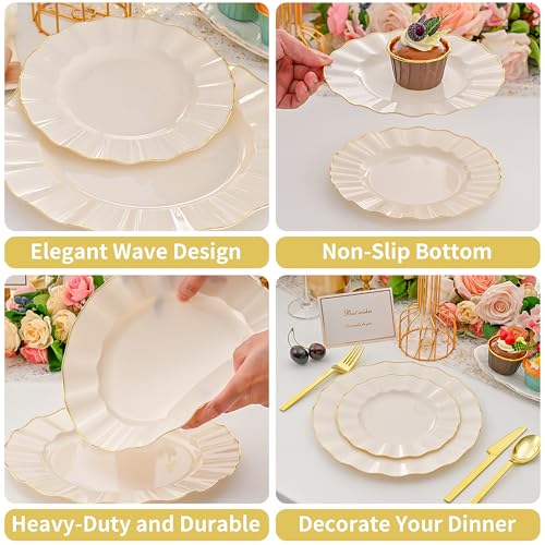 ISFANGCO 102Pcs Ivory White Plastic Plates with Gold Trim, Heavy Duty Wedding Plates, Elegant Disposable Plate Sets include 51 Dinner & 51 Dessert Plates for Party & Wedding(51 Guests) - Image 4
