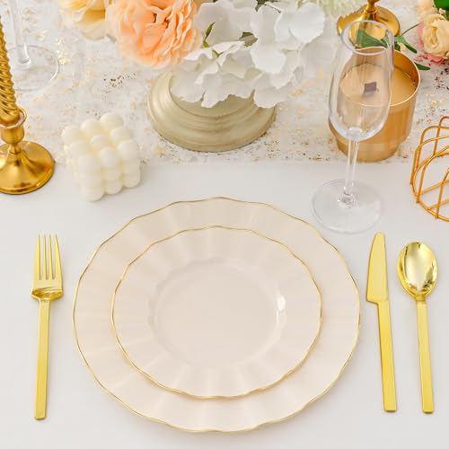 ISFANGCO 102Pcs Ivory White Plastic Plates with Gold Trim, Heavy Duty Wedding Plates, Elegant Disposable Plate Sets include 51 Dinner & 51 Dessert Plates for Party & Wedding(51 Guests) - Image 3
