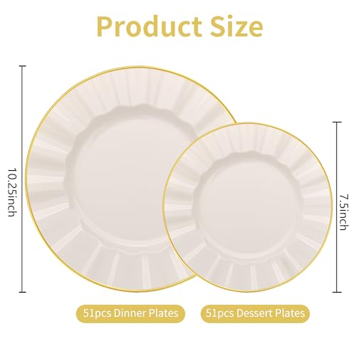 ISFANGCO 102Pcs Ivory White Plastic Plates with Gold Trim, Heavy Duty Wedding Plates, Elegant Disposable Plate Sets include 51 Dinner & 51 Dessert Plates for Party & Wedding(51 Guests) - Image 2
