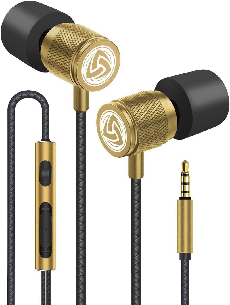 LUDOS Ultra Earbuds Wired in Ear Headphones with Tangle-Free Cord Noise Isolating Earphones Deep Bass Case Ear Buds 3.5 mm Jack Plug - Gold - Image 1