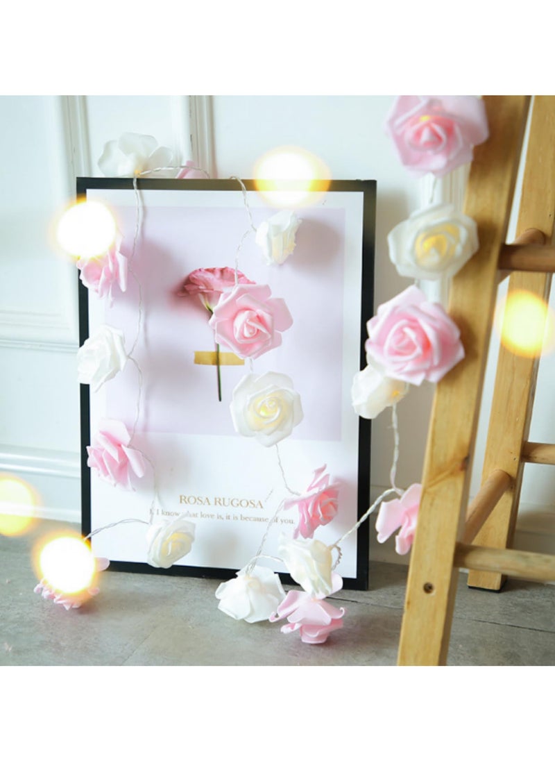 Generic 3M 20LED Battery Operated String Romantic Flower Rose Fairy Light LED Rose Flower String Lights Indoor Outdoor Decorations Large Rose Flower Diameter 6cm (Pink and white)  - Image 2