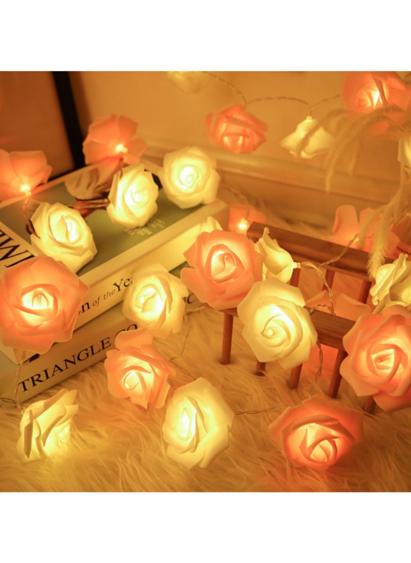 Generic 3M 20LED Battery Operated String Romantic Flower Rose Fairy Light LED Rose Flower String Lights Indoor Outdoor Decorations Large Rose Flower Diameter 6cm (Pink and white)  - Image 1