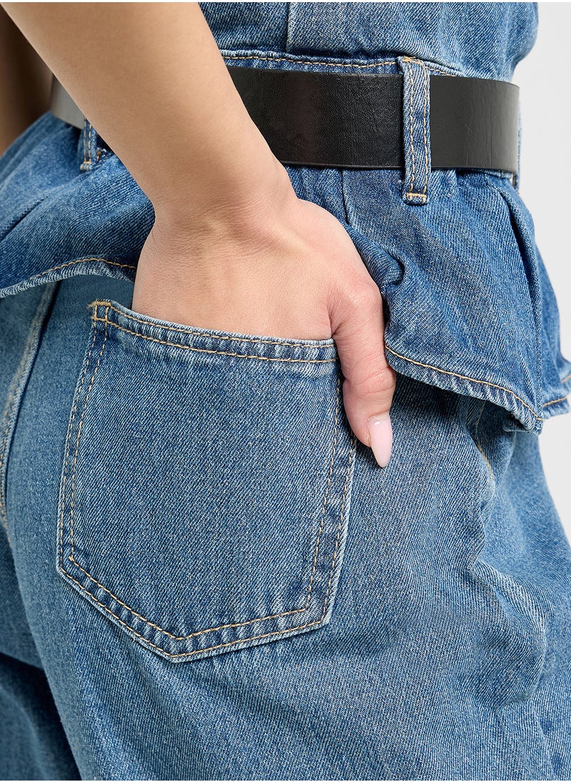 LOST INK - Belted Ruffled Mom Jeans - Image 1