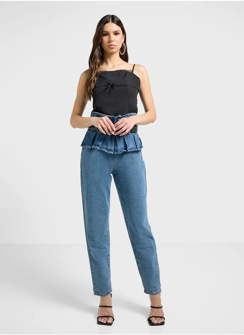 LOST INK Belted Ruffled Mom Jeans