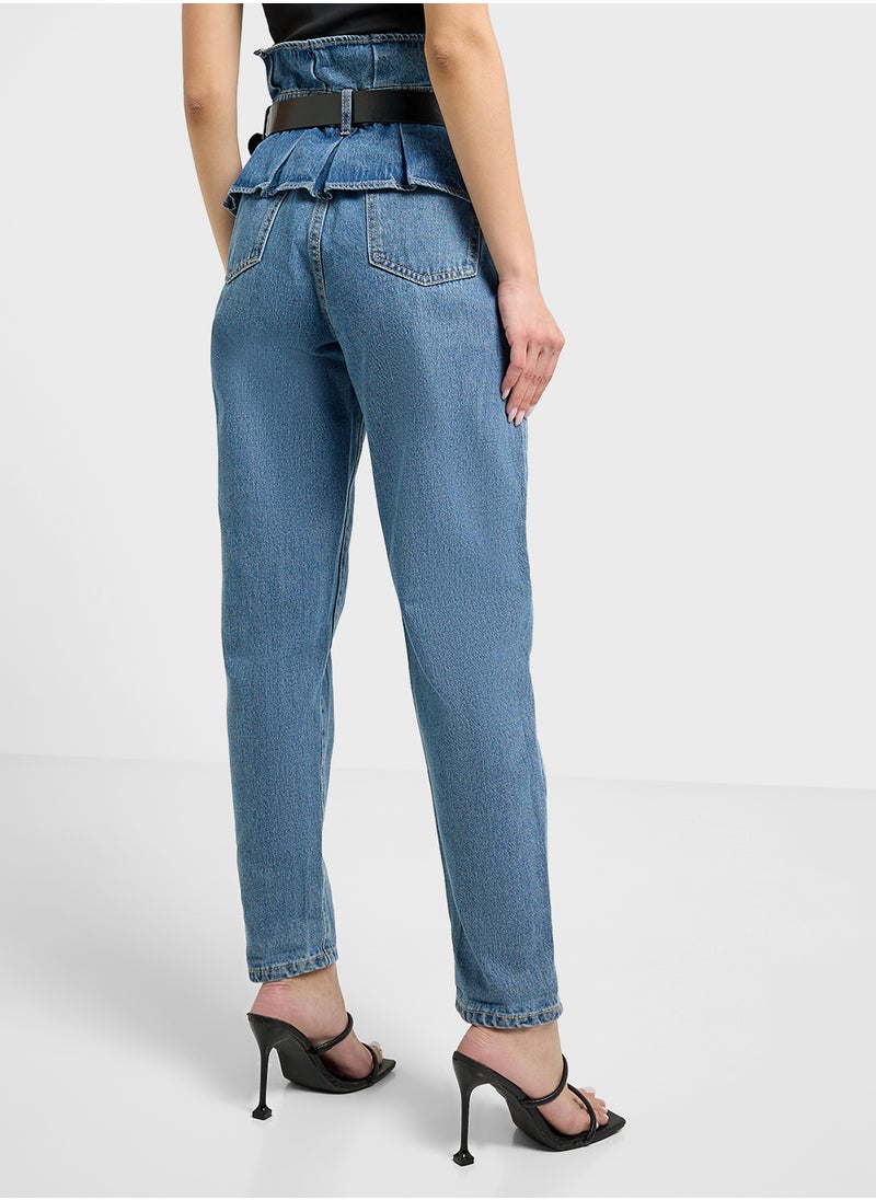 LOST INK - Belted Ruffled Mom Jeans - Image 1