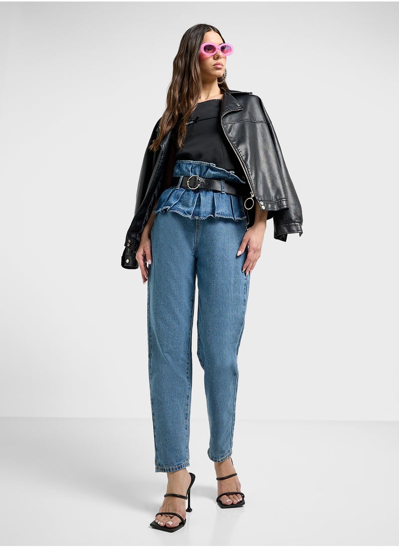 LOST INK - Belted Ruffled Mom Jeans - Image 1