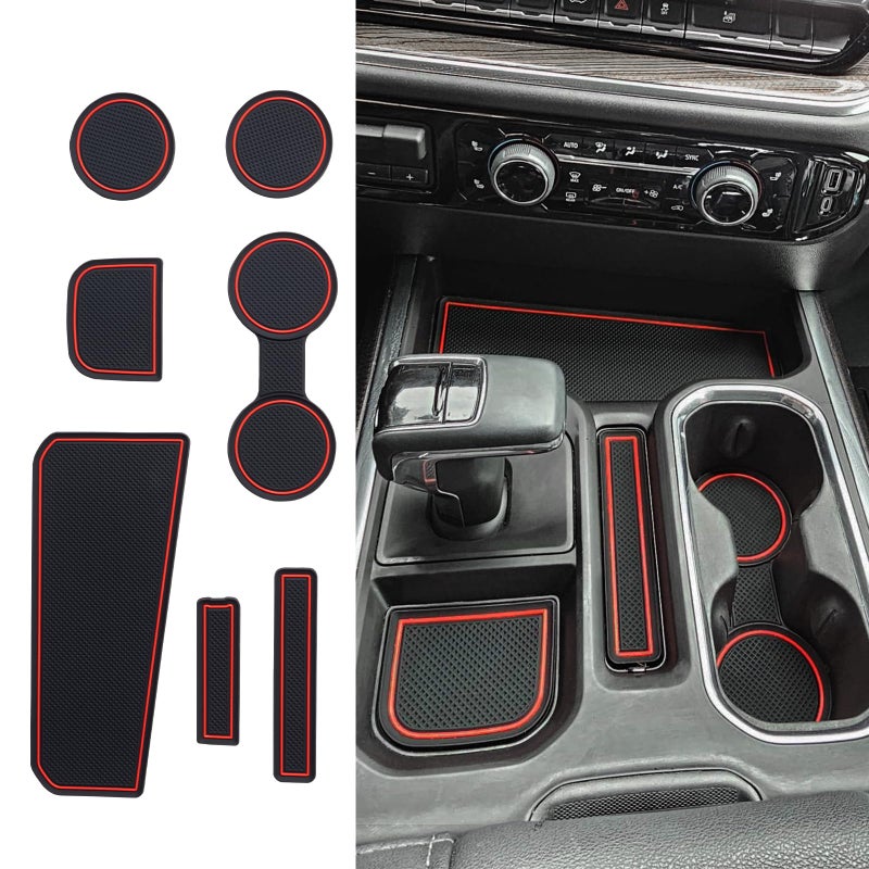 TOPINSTALL 7PCS Console Liners Compatible with 20232025 Chevy SilveradoGMC Sierra 1500 2022 Refreshed 1500 Models Premium Rubber NonSlip Cup Holder Mats RedFull Console wBucket Seats ONLY