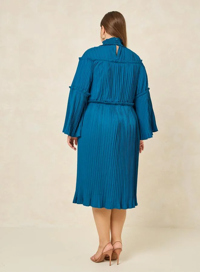 Styli Pleated Teal Midi Dress