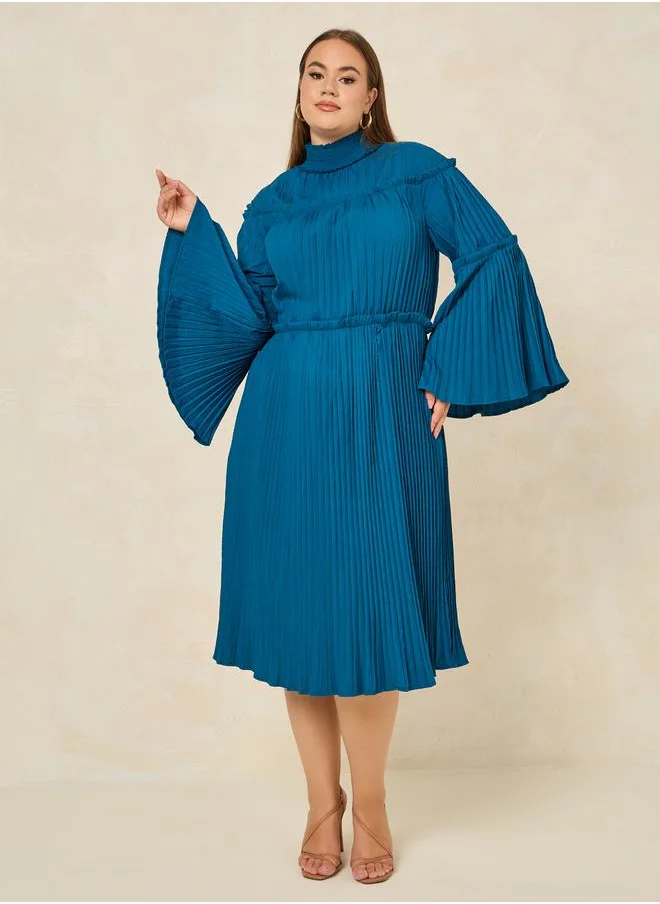 ستايلي Plus High Neck Pleated Midi Dress with Bell Sleeves