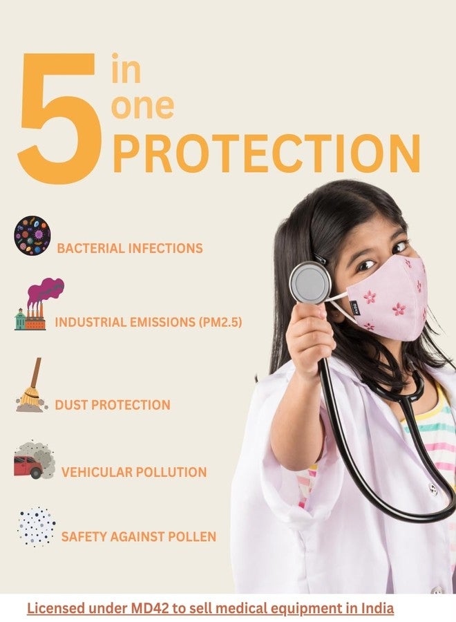 MASQ By Q-One Kids 4 Layer, Anti-Pollution, Reusable, with Lanyard & Ear Adjusters, Anti-Bacterial (BFE>99%) Embroidered Cotton Cloth Face Mask for Kids (Pack of 3) - Image 3