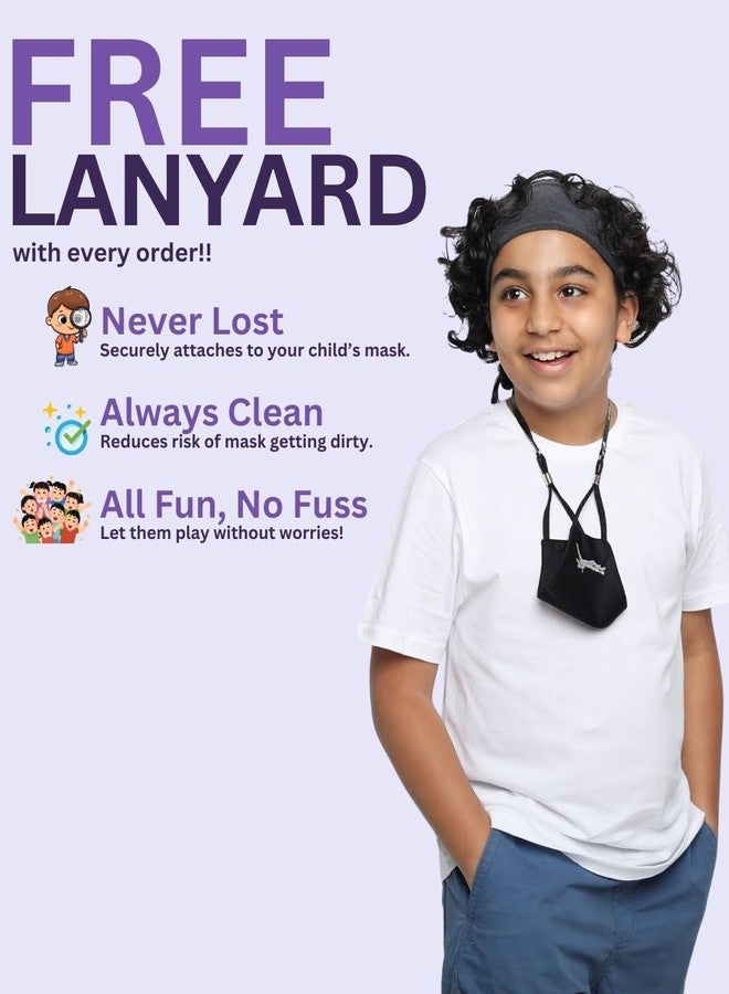 MASQ By Q-One Kids 4 Layer, Anti-Pollution, Reusable, with Lanyard & Ear Adjusters, Anti-Bacterial (BFE>99%) Embroidered Cotton Cloth Face Mask for Kids (Pack of 3) - Image 4