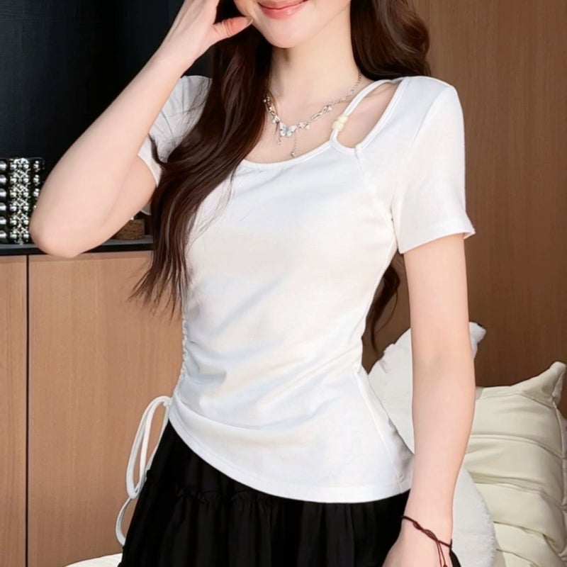 Women's Plus Size T-Shirt with Drawstring, Short Sleeve, Slim Fit, Summer Top - Image 2