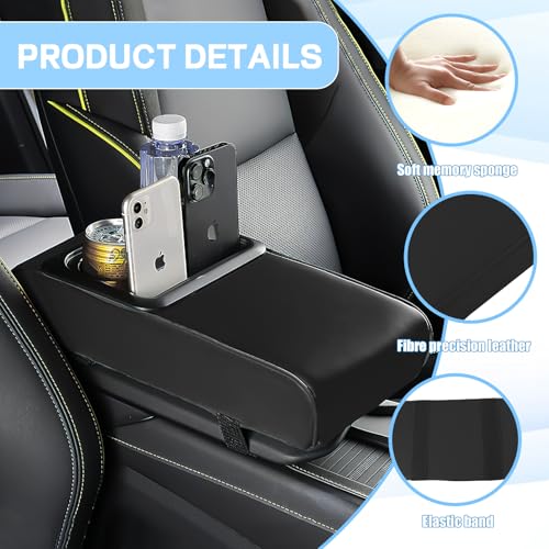 Hbxdeco Car Center Console Armrest Pillow, 13.9"×7.95" Leather Car Armrest Cover Cushion with Cup Holder & Phone Holder, Universal Memory Foam Middle Console Arm Rest Protector Cover (Black) - Image 3