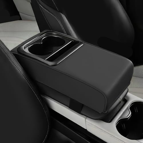 Hbxdeco Car Center Console Armrest Pillow, 13.9"×7.95" Leather Car Armrest Cover Cushion with Cup Holder & Phone Holder, Universal Memory Foam Middle Console Arm Rest Protector Cover (Black) - Image 1