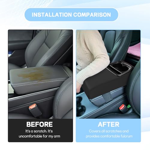 Hbxdeco Car Center Console Armrest Pillow, 13.9"×7.95" Leather Car Armrest Cover Cushion with Cup Holder & Phone Holder, Universal Memory Foam Middle Console Arm Rest Protector Cover (Black) - Image 4