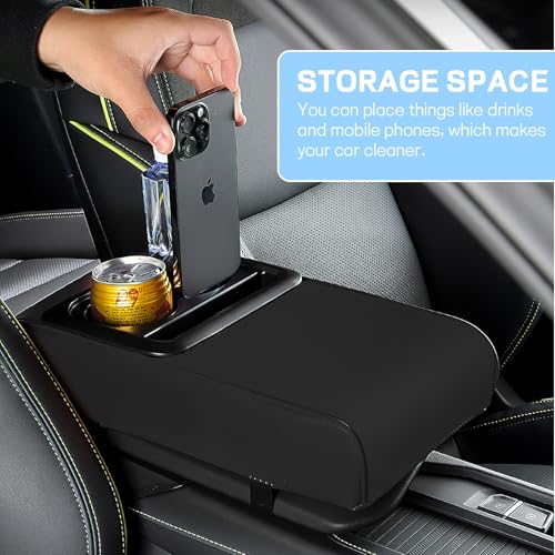 Hbxdeco Car Center Console Armrest Pillow, 13.9"×7.95" Leather Car Armrest Cover Cushion with Cup Holder & Phone Holder, Universal Memory Foam Middle Console Arm Rest Protector Cover (Black) - Image 5