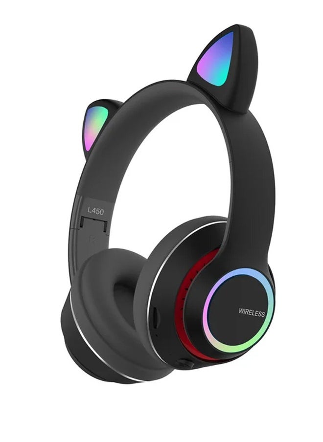 MIQIA Cat Ear Wired/Wireless Bluetooth Foldable Headphones with Microphone Led Glowing Light On-Ear Stereo Headphone with Noise Isolating for Girls Boys Teens Adults Cell Phones PC Black  - Image 1