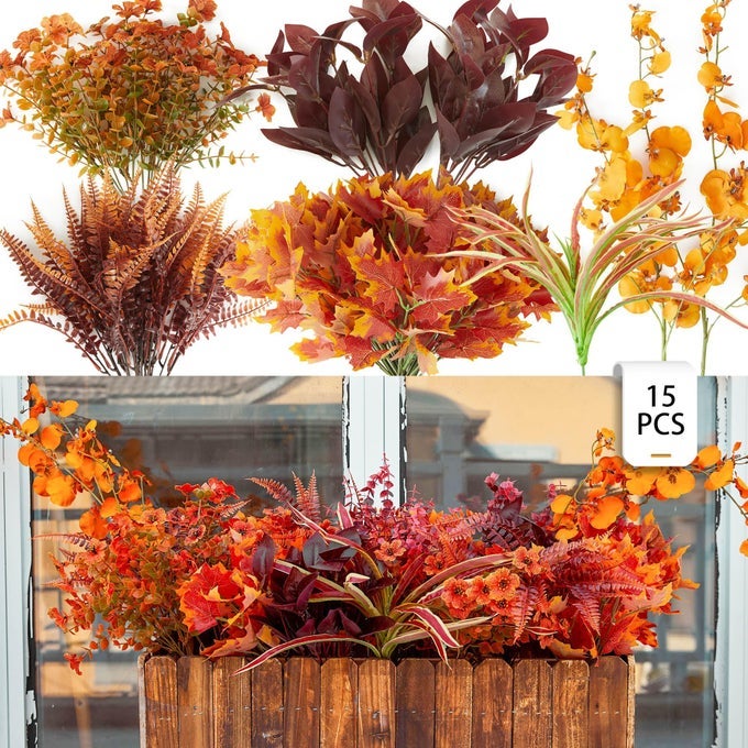 PARTY JOY 15 BUNCHES ARTIFICIAL FALL FLOWERS FAUX FAKE ORCHID AUTUMN PLANTS FLOWERS FOR OUTDOORS THANKSGIVING AUTUMN DECOR DECORATIONS FOR HOME