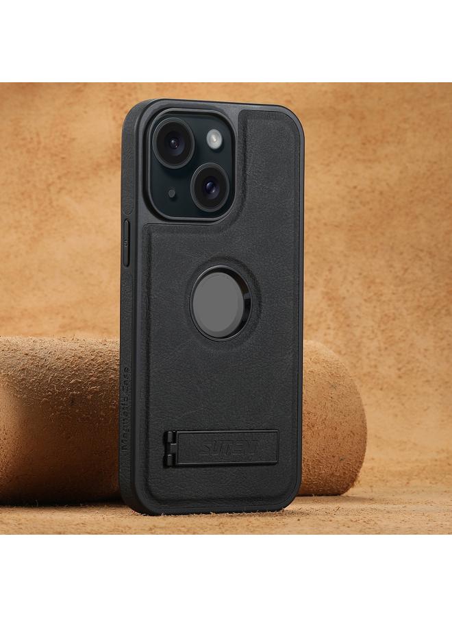 The Bros Case For iPhone 15 Plus G2 Magsafe Litchi Texture Leather Back Phone Case with Holder