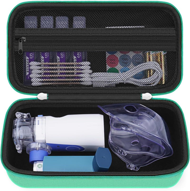 HESPLUS Carrying Case for Portable Handheld Inhaler Nebulizer Machine for Adults, Asthma Inhaler Travel Case, Inhaler Spacer Bag with Mesh Pocket for Saline Solution,Cable, Green (Case Only)