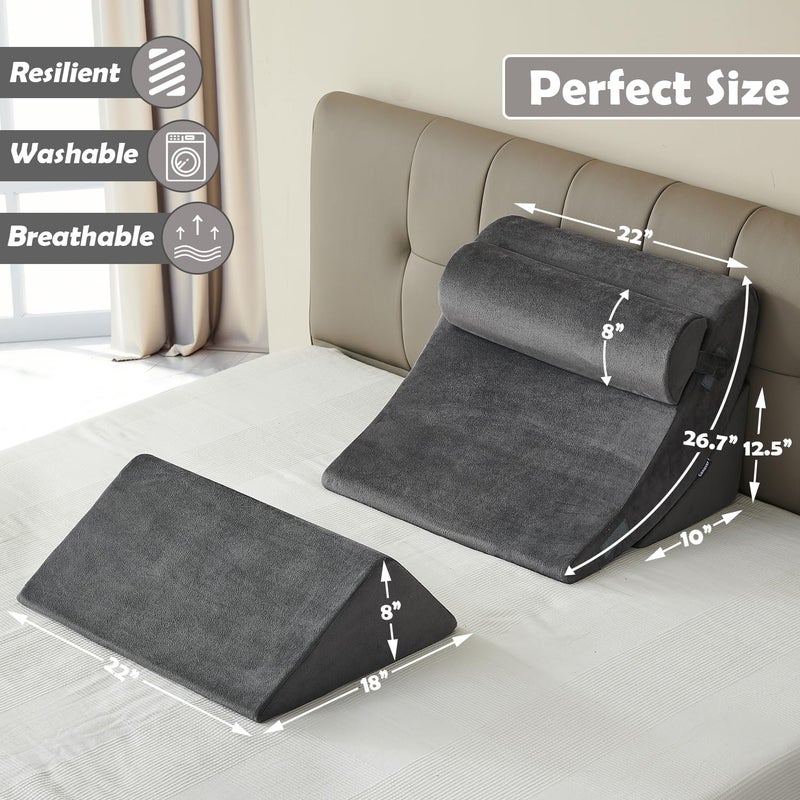 Ganaver 4pcs Orthopedic Bed Wedge Pillow Set Post Surgery Relaxing Back Adjustable Head Support Cushion Triangle Memory Foam Pillow for Acid Reflux Sleeping Reading Leg Elevation Snoring - Image 2