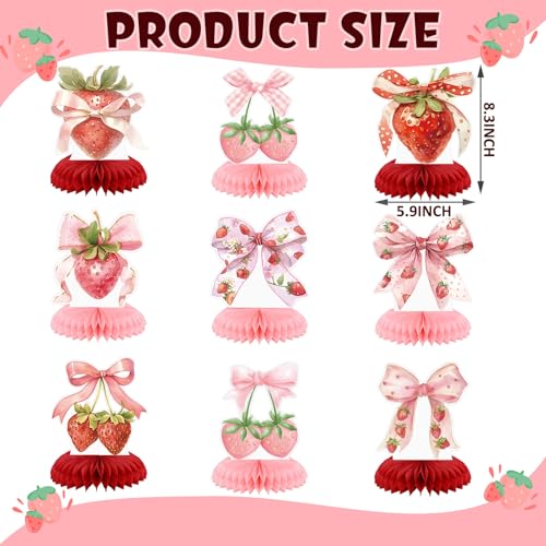Weekgrat 9 Pcs Strawberry Centerpieces for Tables Bow Strawberry Birthday Shortcake Decorations Berry First Birthday Decorations for Summer Fruits Baby Shower Party Favor Supplies - Image 5